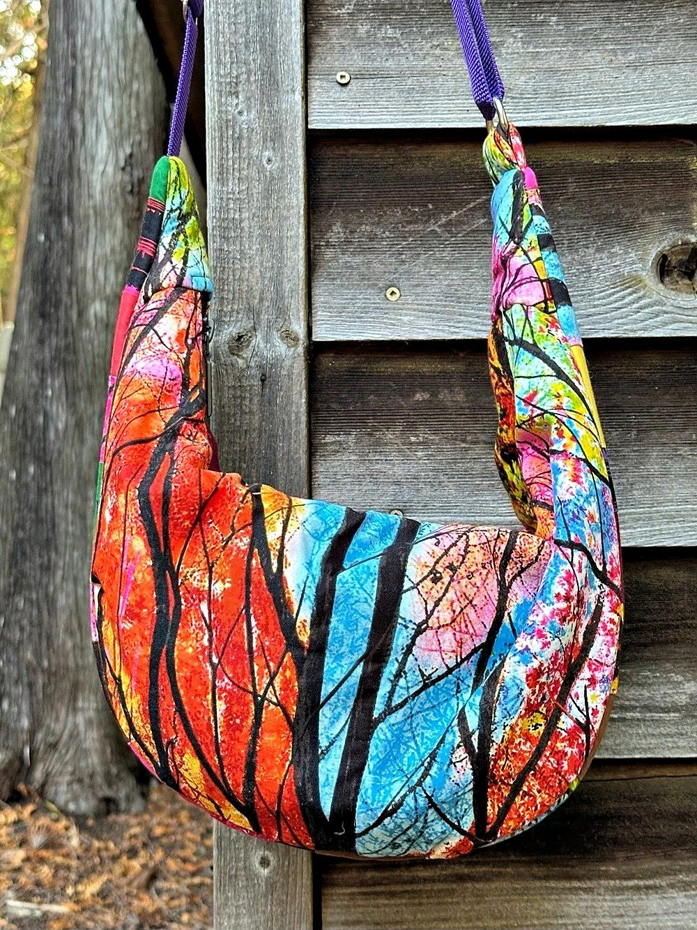 Handmade Upcycled Quilted Crescent Crossbody Sling Bag - Vibrant Tree Art 🌳✨